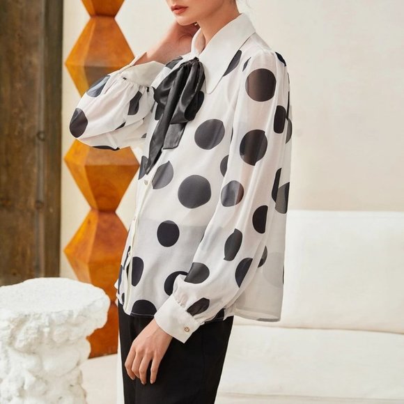 Black and White Polka Dot Tie Neck Shirt blouse - Picture 5 of 5